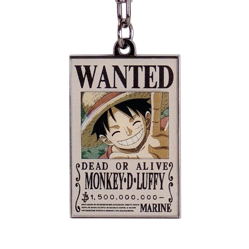 Fans Geek Store metal keychain featuring Monkey D. Luffy Wanted poster from One Piece with Straw Hat design