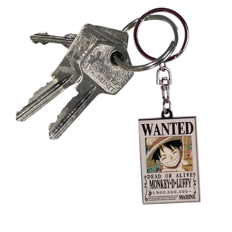 Fans Geek Store metal One Piece keychain featuring Monkey D. Luffy's wanted poster attached to a set of keys