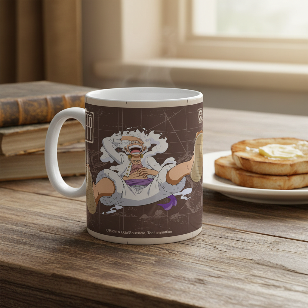 Fans Geek Store ceramic mug featuring a One Piece Luffy Gear 5 Wanted poster design on a wooden table with toast.
