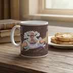 Fans Geek Store ceramic mug featuring a One Piece Luffy Gear 5 Wanted poster design on a wooden table with toast.