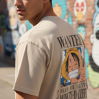 Fans Geek Store sand-colored One Piece unisex cotton t-shirt featuring a Monkey D. Luffy Wanted poster print on back