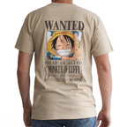 Fans Geek Store sand-colored unisex cotton T-shirt featuring a Monkey D. Luffy Wanted poster print on the back