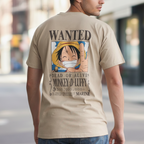 Fans Geek Store sand-colored unisex cotton t-shirt featuring a Monkey D. Luffy Wanted poster print on the back