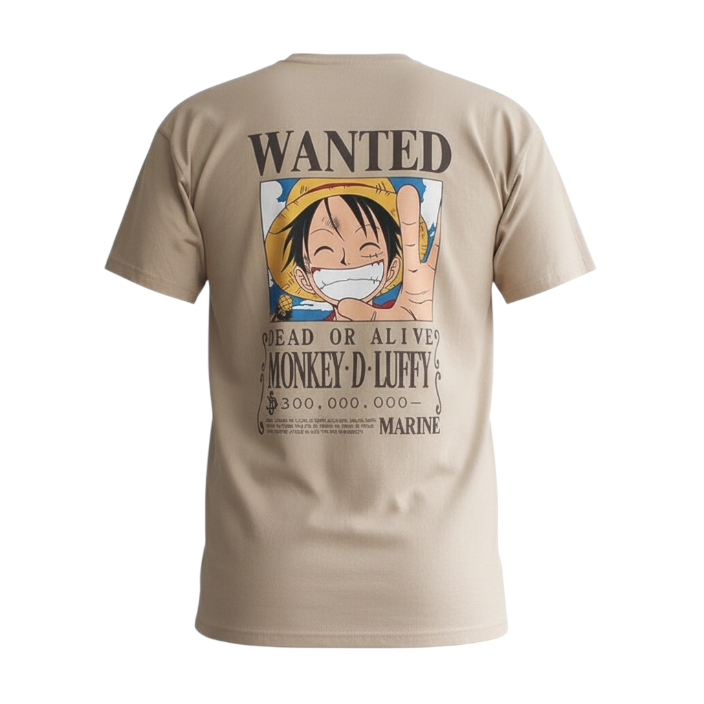 Fans Geek Store sand-colored unisex cotton t-shirt featuring a Monkey D. Luffy Wanted poster print on the back