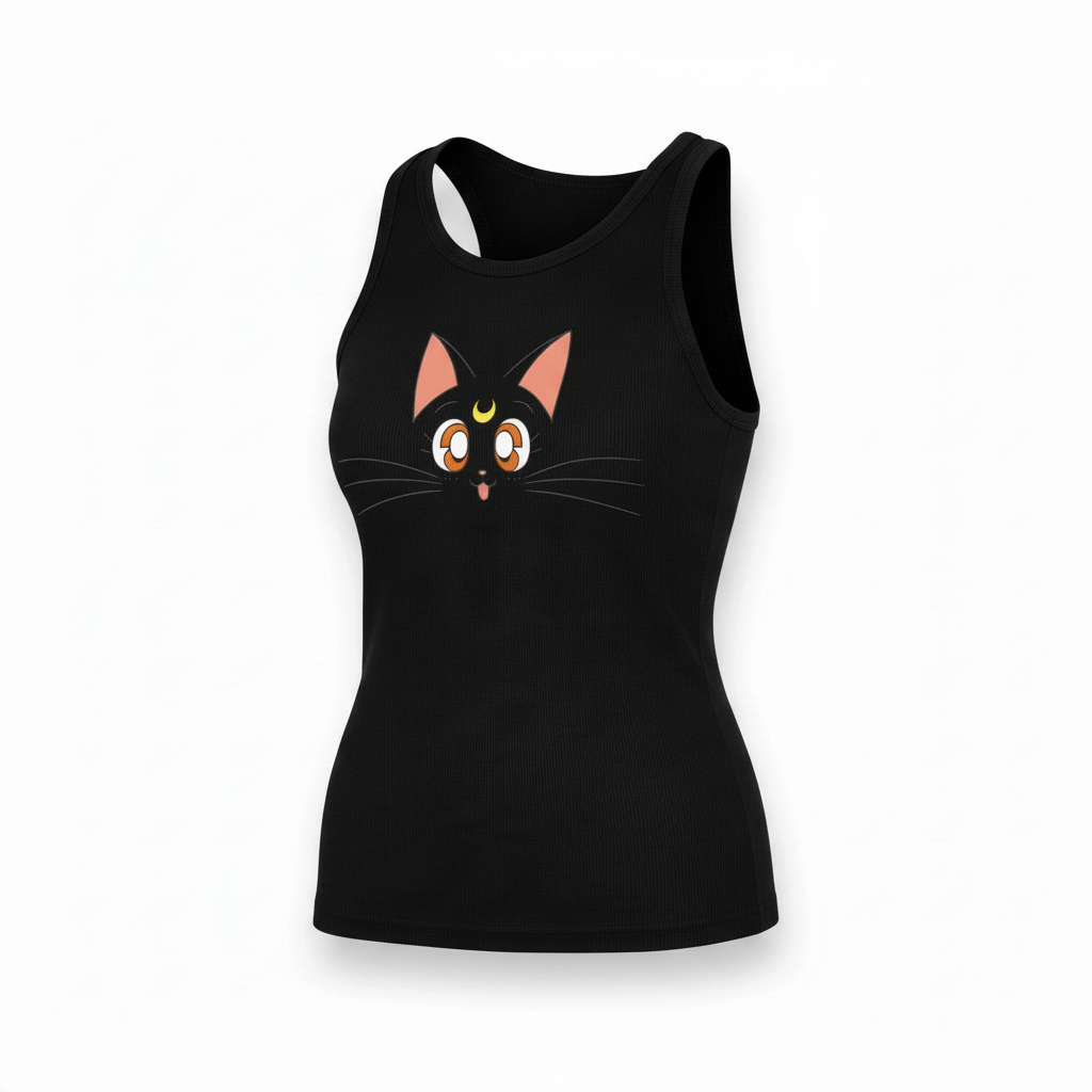 Fans Geek Store black ribbed tank top featuring the face of Luna the cat from Sailor Moon