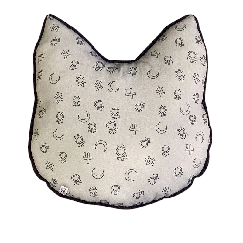 Fans Geek Store Sailor Moon Luna cat-shaped throw pillow in grey velboa with black planetary symbol print