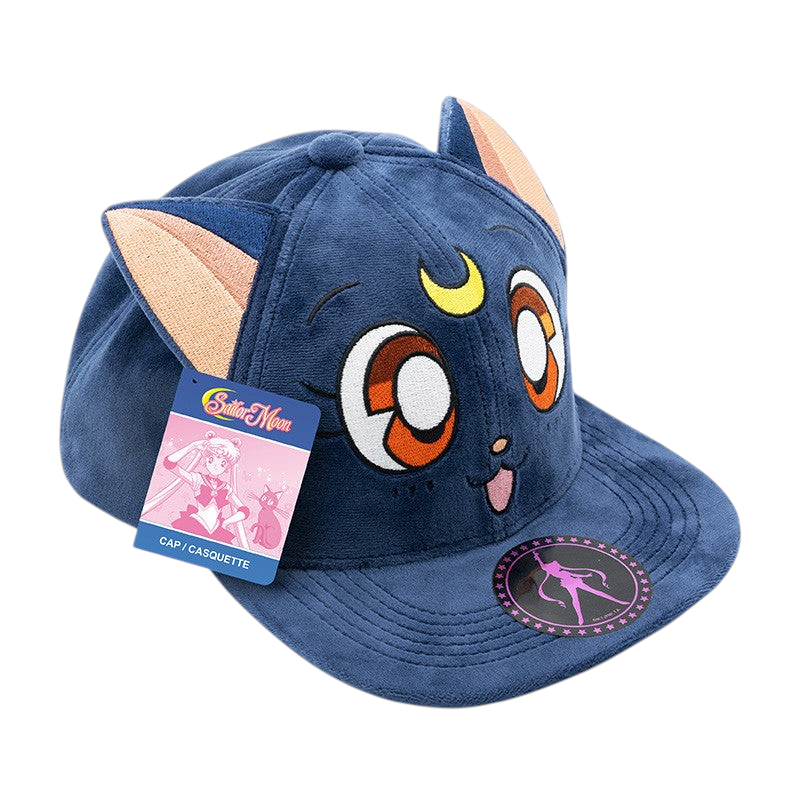 Fans Geek Store Sailor Moon Luna cap in dark blue plush fabric with cat ears and embroidered moon and eye details