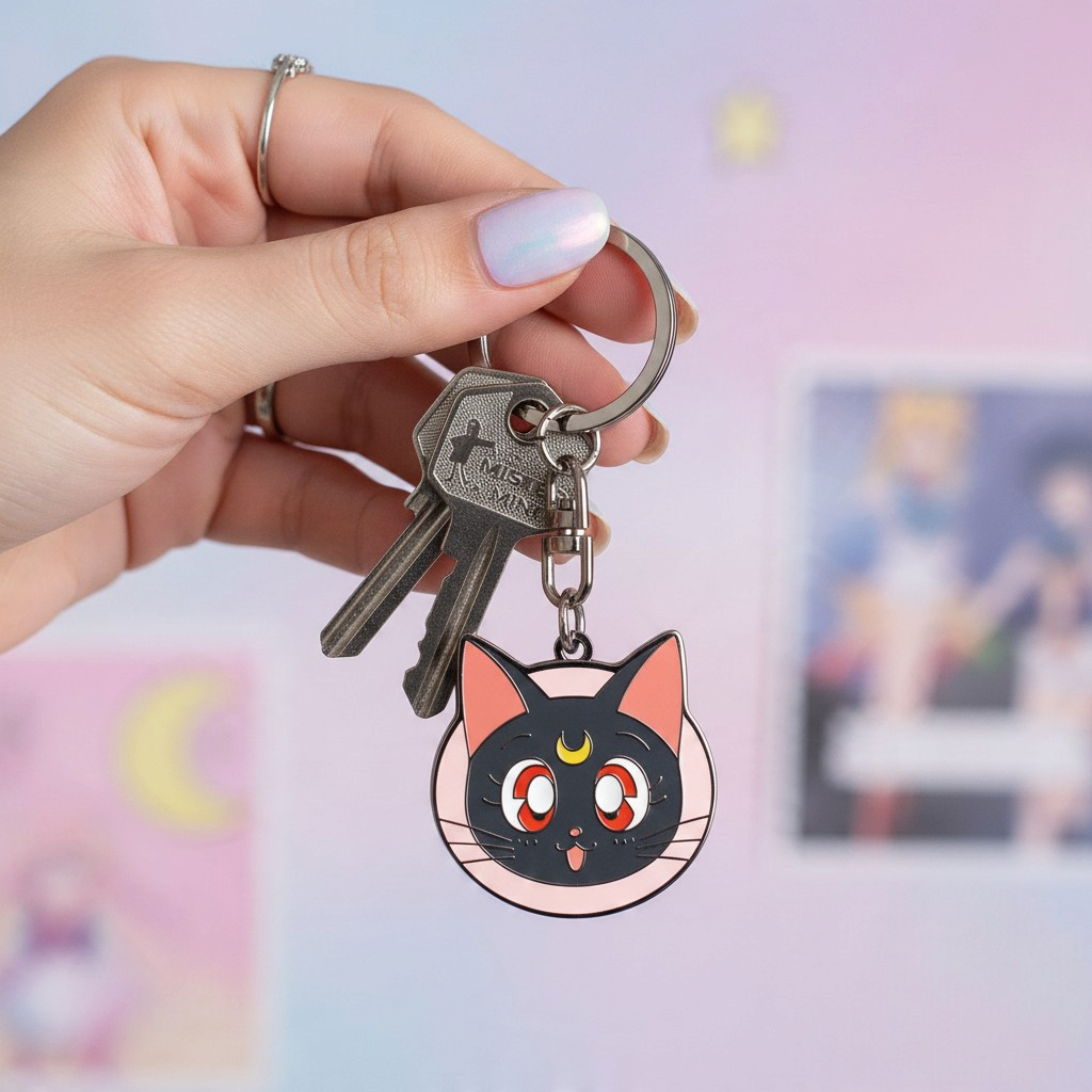 Fans Geek Store Sailor Moon Luna metal keychain held in hand against a pastel background