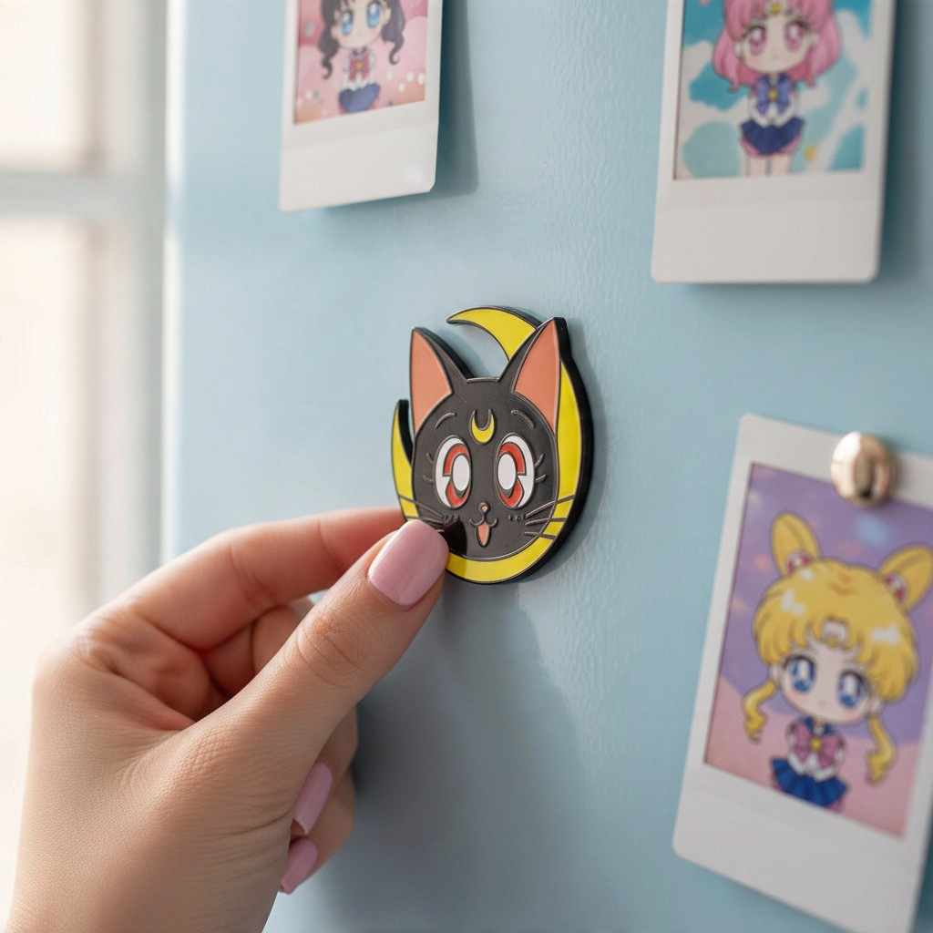 Fans Geek Store metal Luna magnet from Sailor Moon featuring the black cat character with a yellow crescent moon