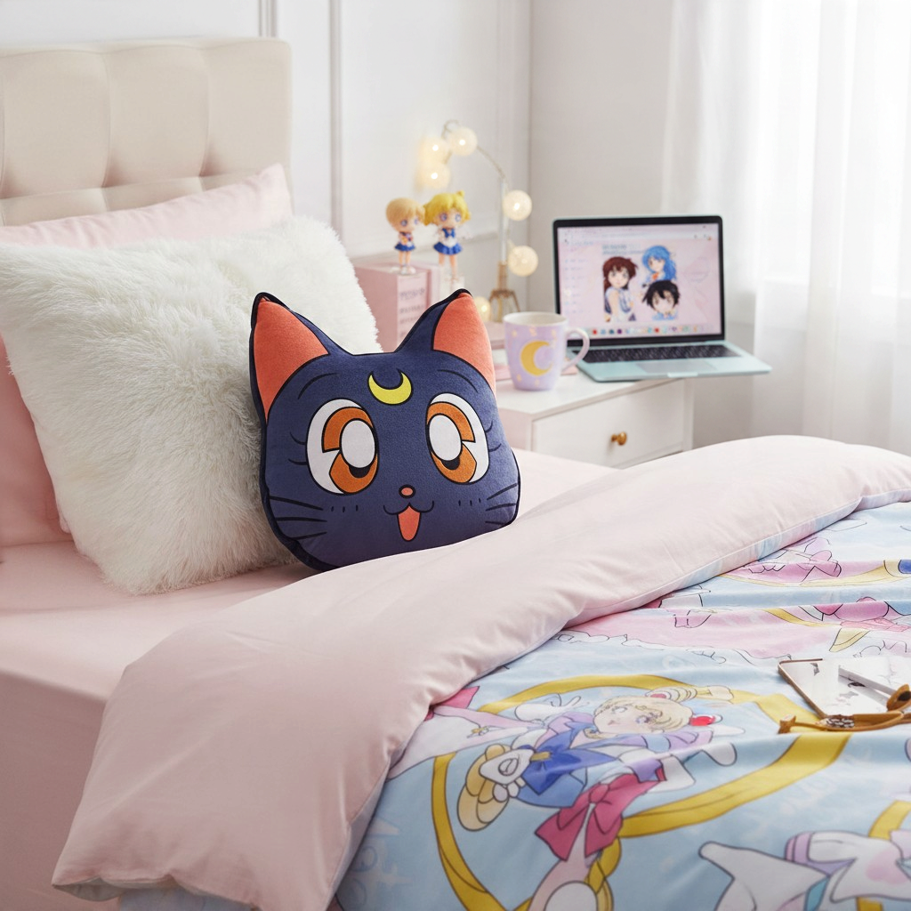 Fans Geek Store Sailor Moon Luna cat decorative pillow with embroidered details on a bed with anime bedding