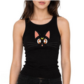Fans Geek Store black Sailor Moon tank top featuring Luna the cat face graphic on a woman