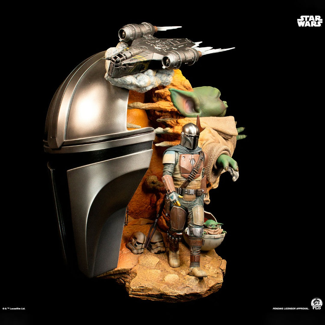 Fans Geek Store Star Wars Mandalorian Fine Art Bust with Grogu and Razor Crest, 41cm, polystone, hand-painted.
