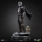 Fans Geek Store Iron Studios 1:4 scale polystone statue of The Mandalorian and Grogu with detailed armor and base.