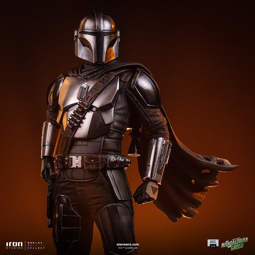 Fans Geek Store Iron Studios 1:4 scale polystone statue of The Mandalorian in detailed metallic armor and cape.