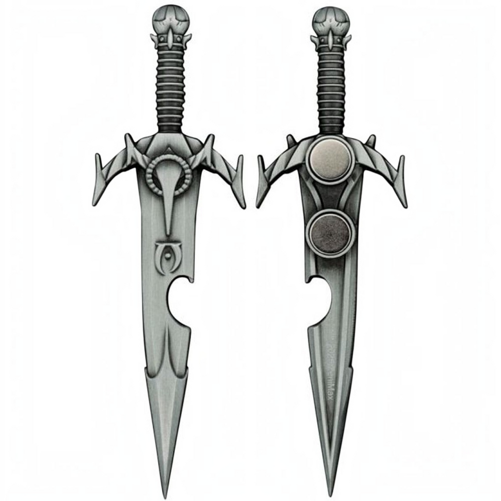 Fans Geek Store Mehrune's Razor metal bottle opener with antique nickel finish and magnetic back from Oblivion.