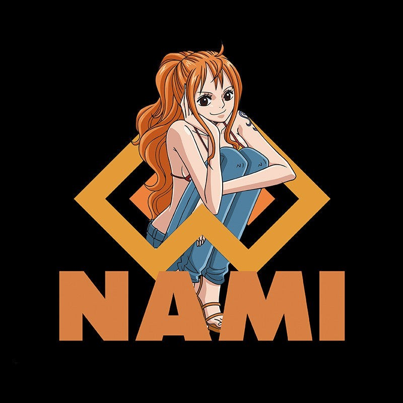 Fans Geek Store black cotton t-shirt featuring Nami from One Piece with orange graphic print