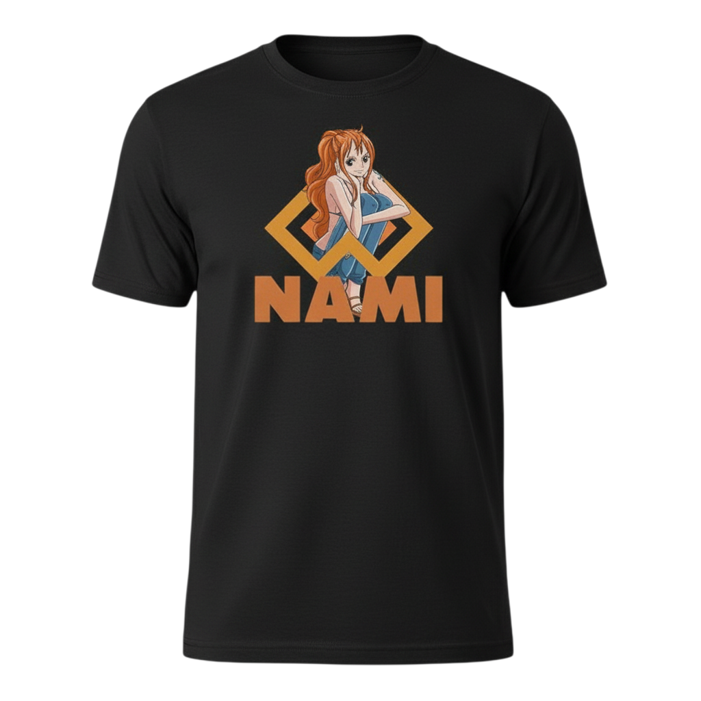 Fans Geek Store black cotton One Piece T-shirt featuring Nami graphic print with short sleeves and crew neck