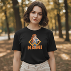 Fans Geek Store black cotton One Piece T-shirt featuring Nami, worn by a woman in a park setting.