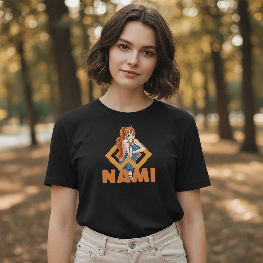 Fans Geek Store black cotton One Piece T-shirt featuring Nami, worn by a woman in a park setting.