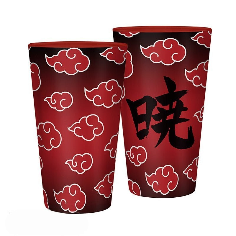 Fans Geek Store Naruto Shippuden Akatsuki glass featuring red and white cloud patterns and black Japanese kanji