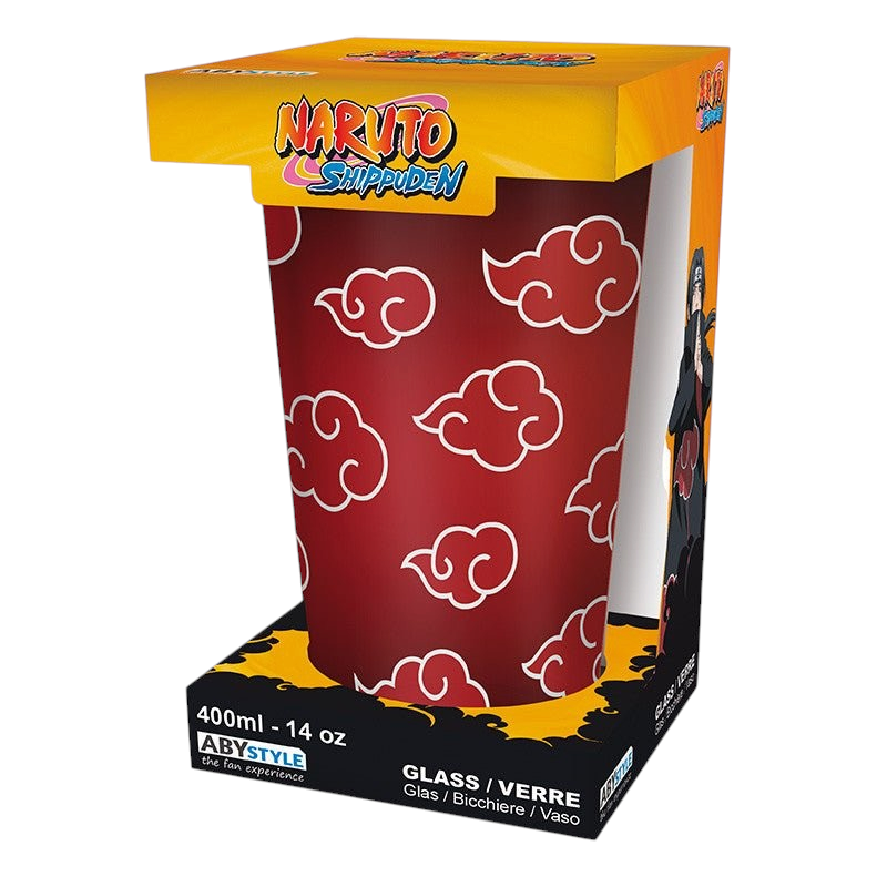 Fans Geek Store Naruto Shippuden Akatsuki glass with red and white cloud pattern in branded packaging