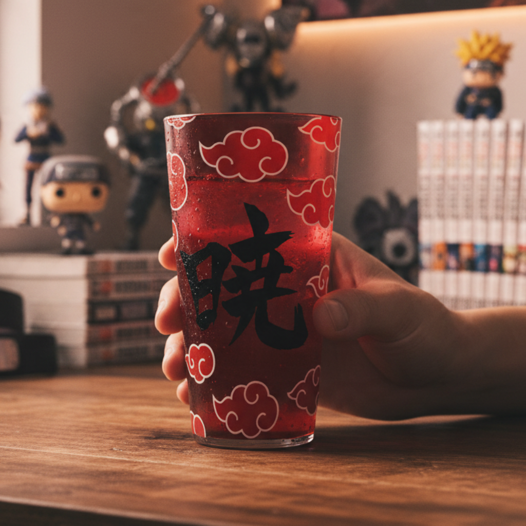 Fans Geek Store Naruto Shippuden Akatsuki glass filled with red drink, featuring iconic red clouds and kanji symbol.
