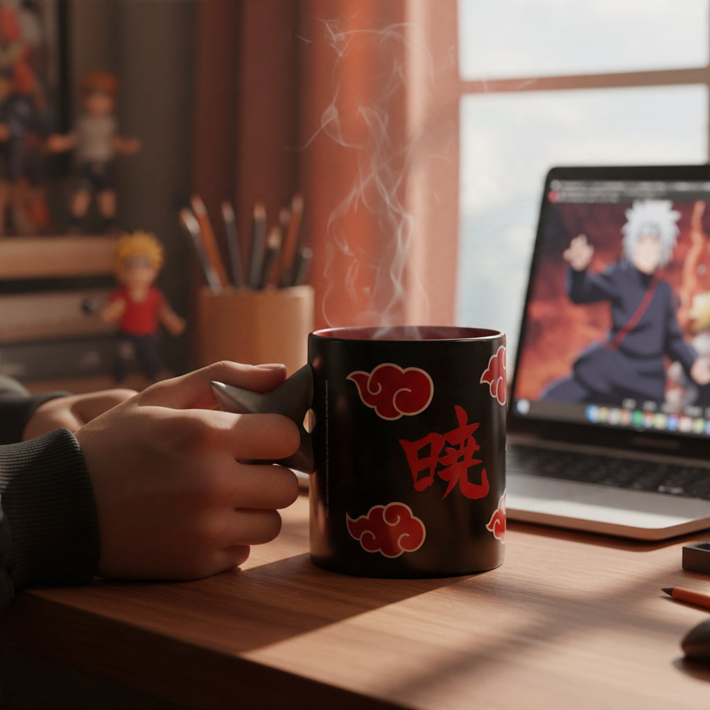 Fans Geek Store Naruto Shippuden Akatsuki mug with 3D shuriken handle and red cloud pattern on a desk