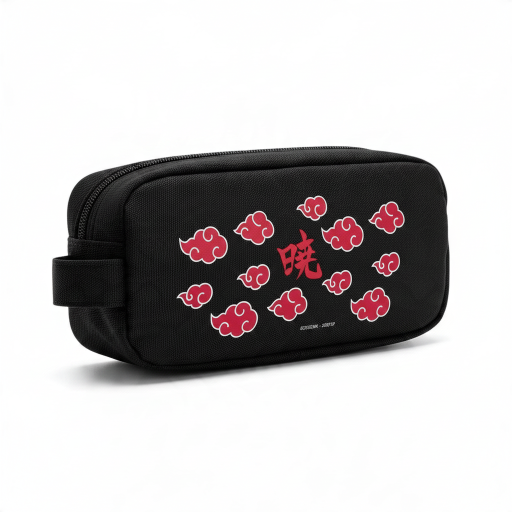Fans Geek Store Naruto Shippuden Akatsuki pencil case in black polyester with red cloud pattern and zipper closure