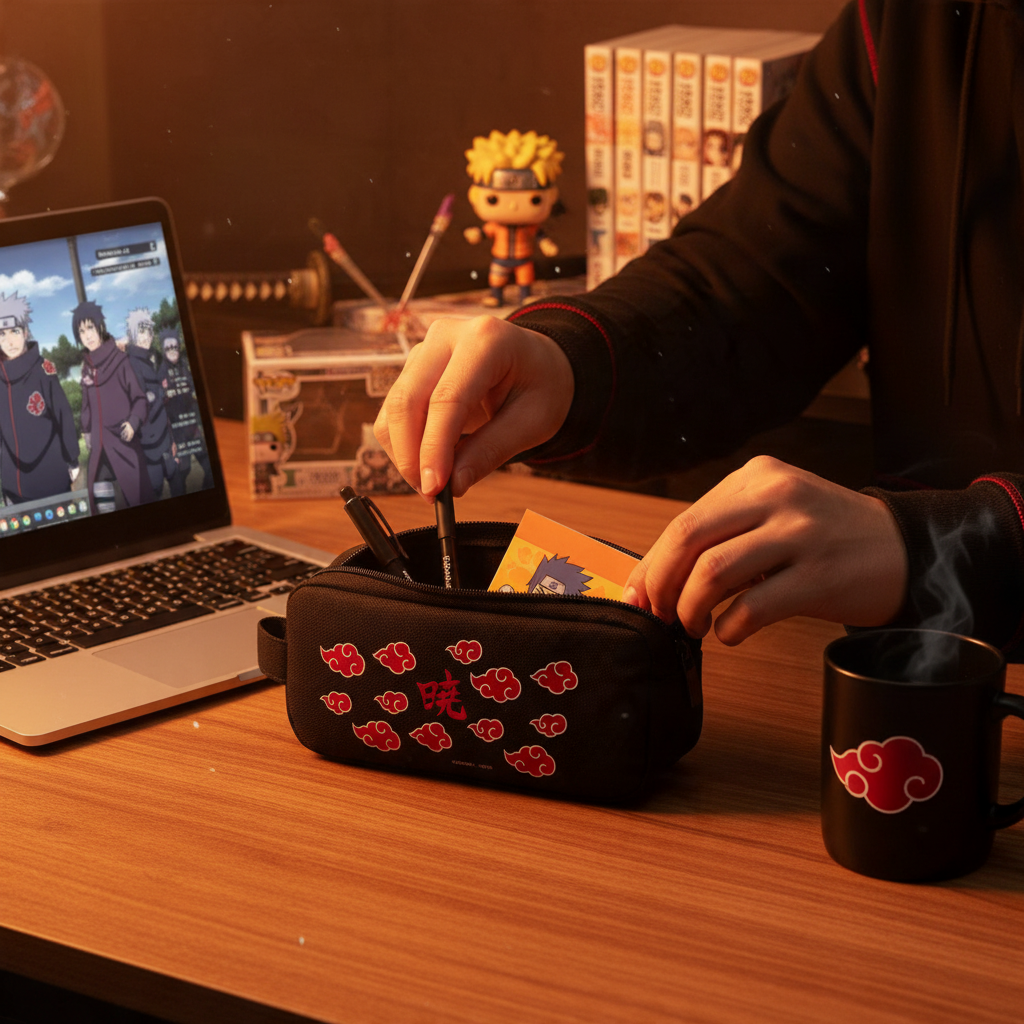 Fans Geek Store Naruto Shippuden Akatsuki pencil case with red cloud pattern on a desk with a matching mug