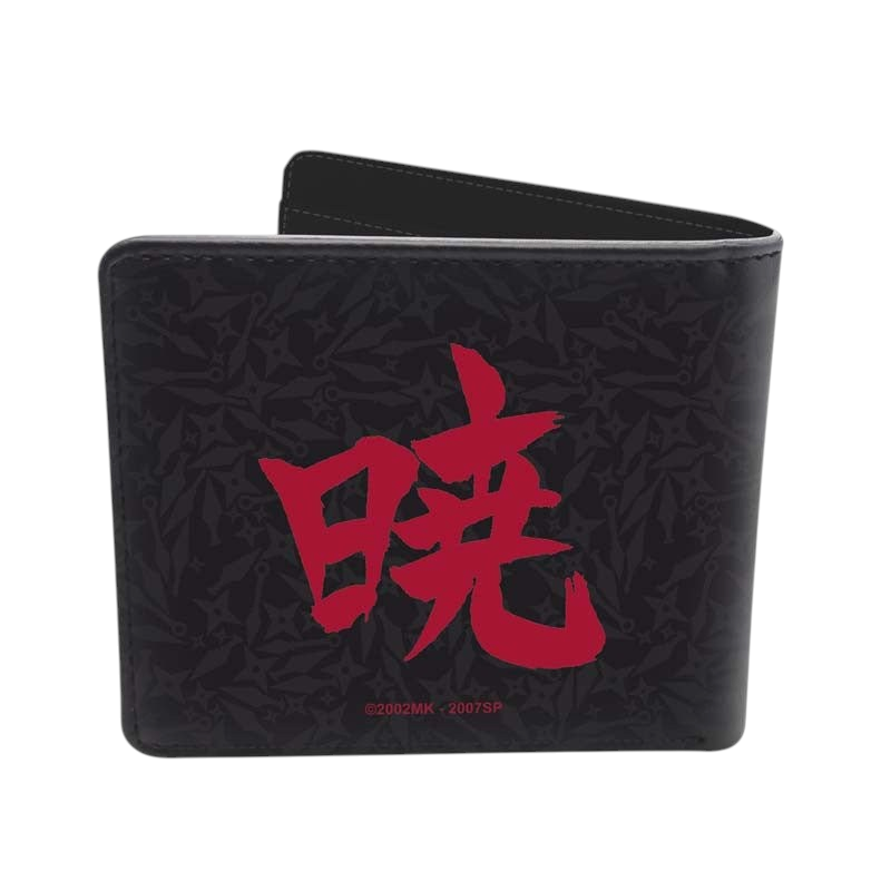 Fans Geek Store Naruto Shippuden Akatsuki bifold wallet in black vinyl with red kanji symbol and shuriken pattern