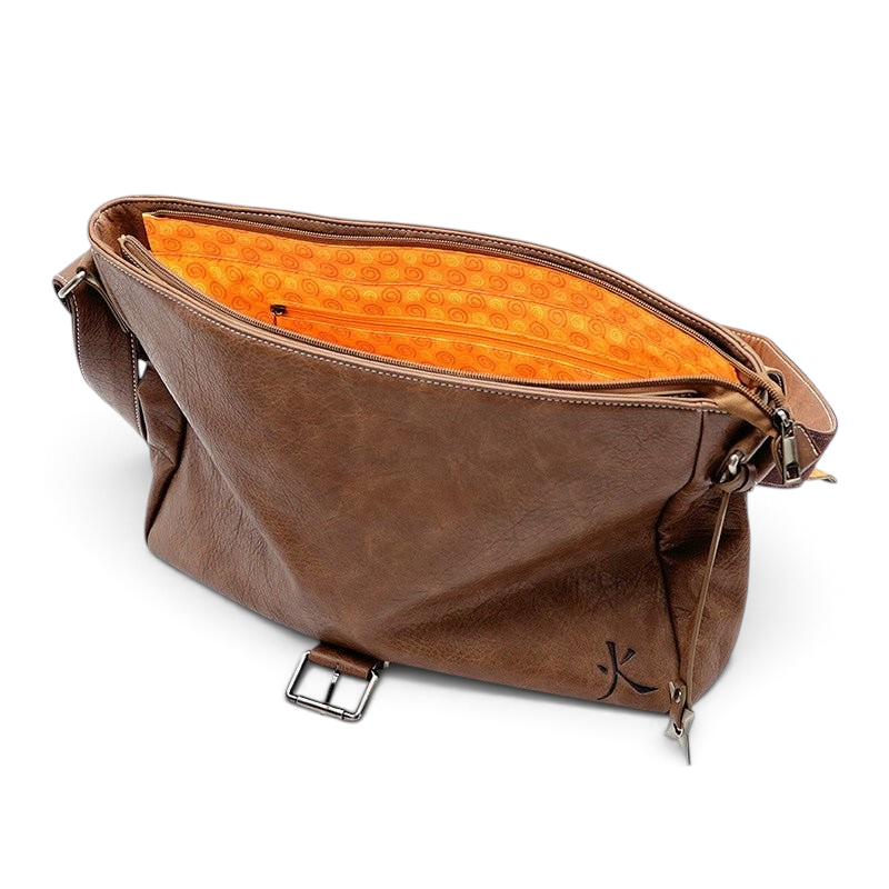 Fans Geek Store Naruto Shippuden brown PVC shoulder bag with orange patterned interior and Konoha symbol detail