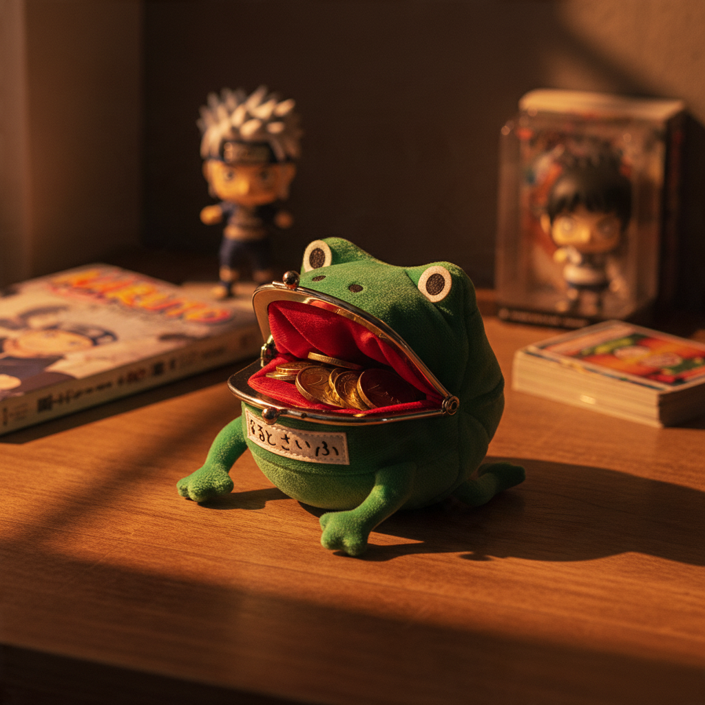 Fans Geek Store Naruto Shippuden Gama-chan frog coin purse with metal clasp, filled with coins on a wooden desk.