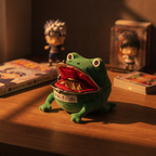 Fans Geek Store Naruto Shippuden Gama-chan frog coin purse with metal clasp, filled with coins on a wooden desk.