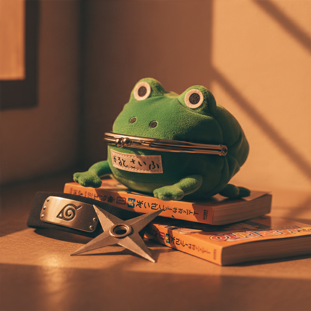 Fans Geek Store Naruto Shippuden Gama-chan frog coin purse with metal clasp sitting on books next to a ninja headband