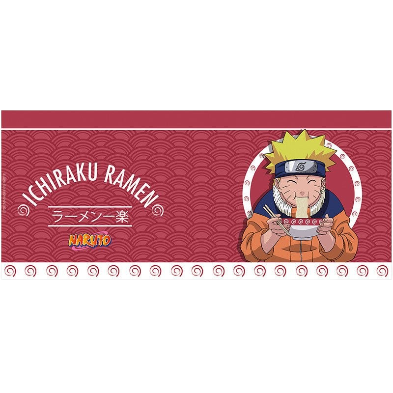 Fans Geek Store Naruto Ichiraku Ramen ceramic mug featuring Naruto Uzumaki eating ramen on a red patterned background