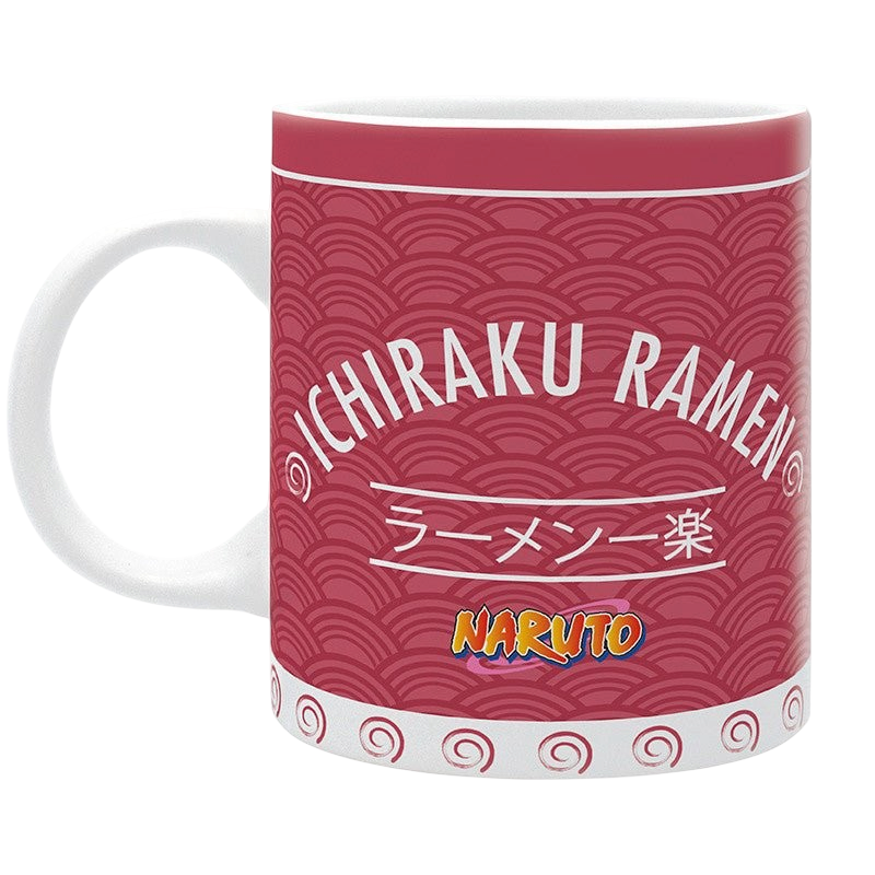 Fans Geek Store Naruto Ichiraku Ramen ceramic mug with red patterned design and Japanese text, 320ml capacity.