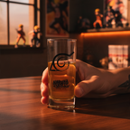 Fans Geek Store Naruto Shippuden Konoha emblem glass held in hand on a wooden table with anime figures in background