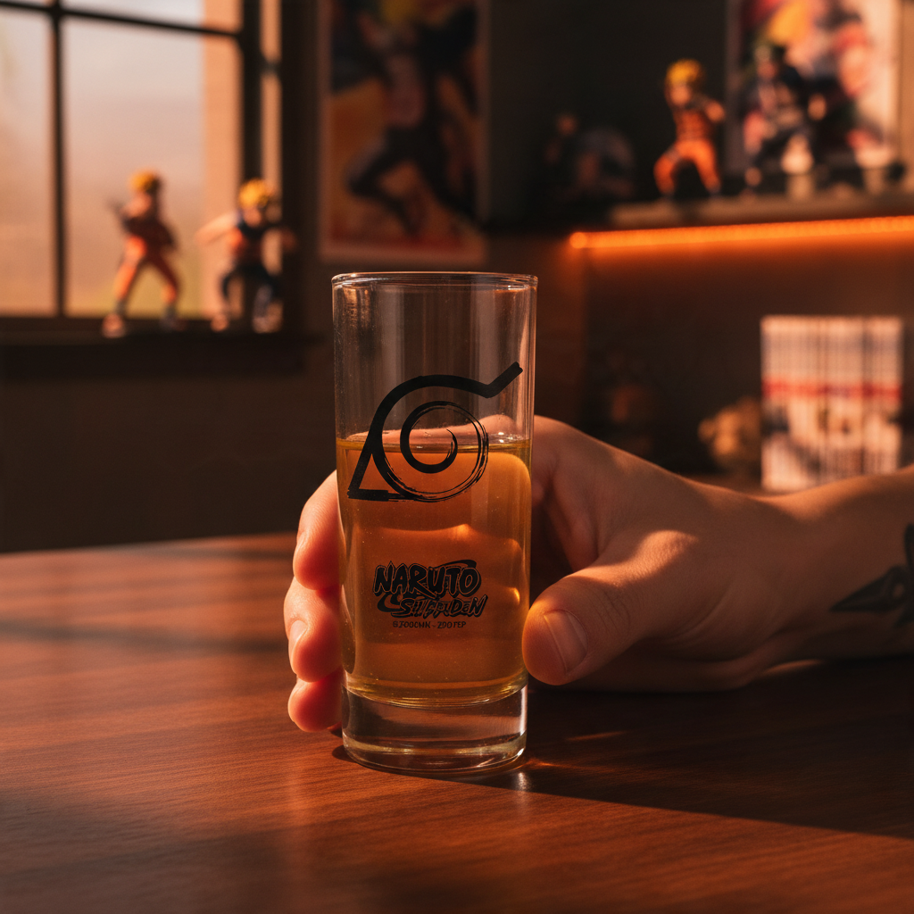 Fans Geek Store Naruto Shippuden Konoha emblem glass held in hand on a wooden table with anime figures in background