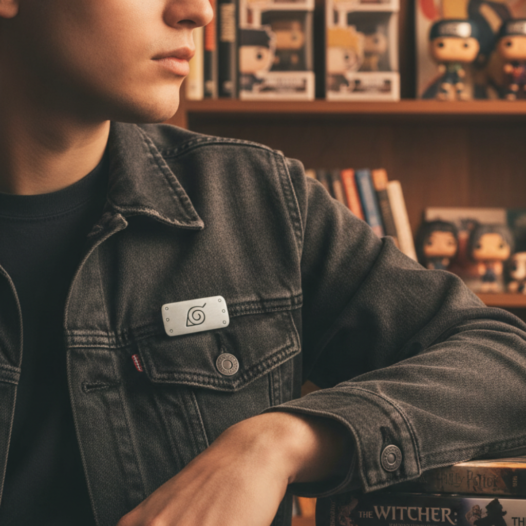 Fans Geek Store Naruto Shippuden Konoha symbol metal pin attached to a dark denim jacket worn by a young man