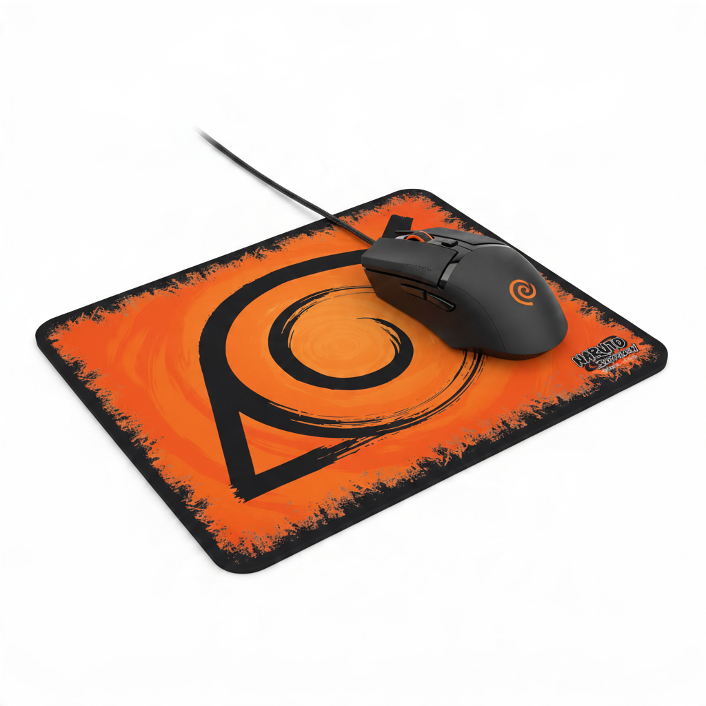 Fans Geek Store Naruto Shippuden Konoha mousepad with orange and black emblem design and a black gaming mouse