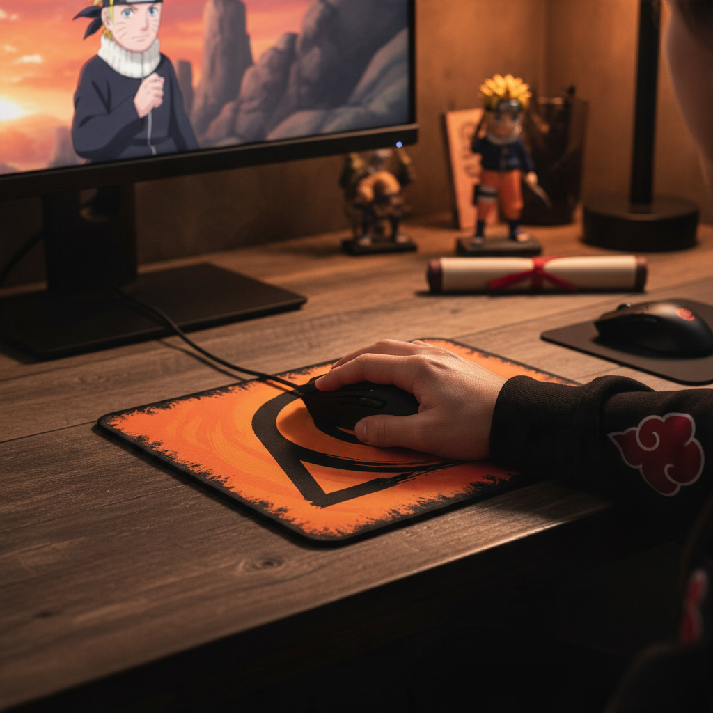 Fans Geek Store Naruto Shippuden Konoha mousepad with orange emblem on a wooden desk with a gaming setup