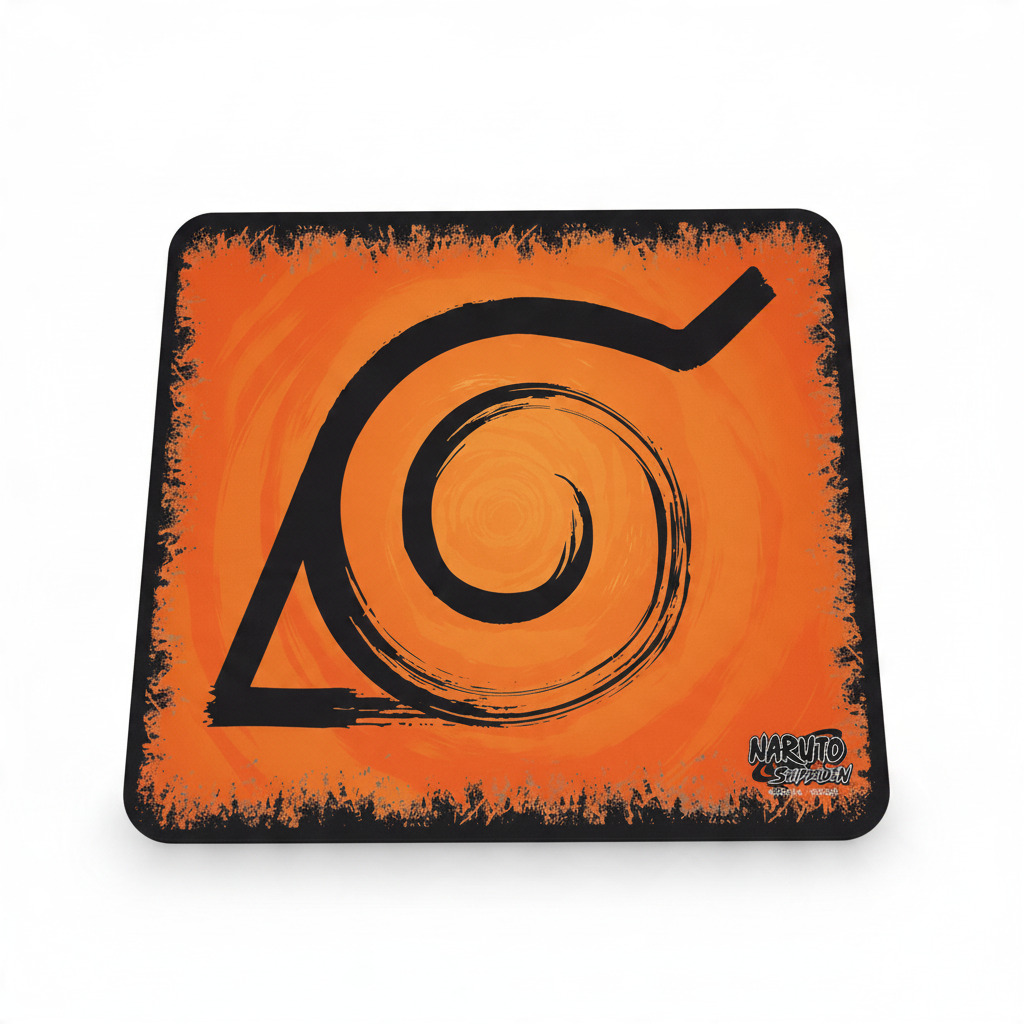 Fans Geek Store Naruto Shippuden mousepad featuring the orange and black Konoha Hidden Leaf Village emblem