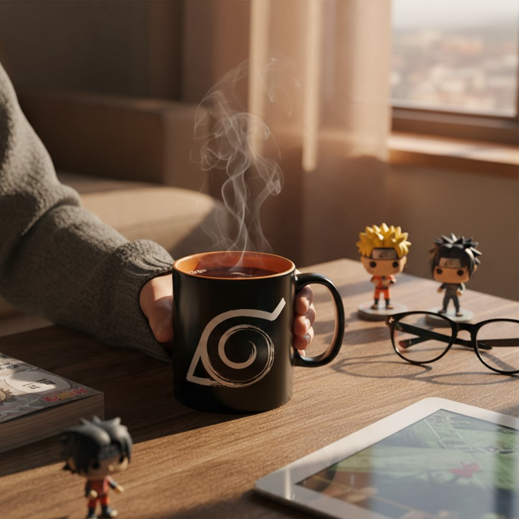 Fans Geek Store Naruto Shippuden ceramic mug with Konoha emblem held by a person on a desk with anime figurines