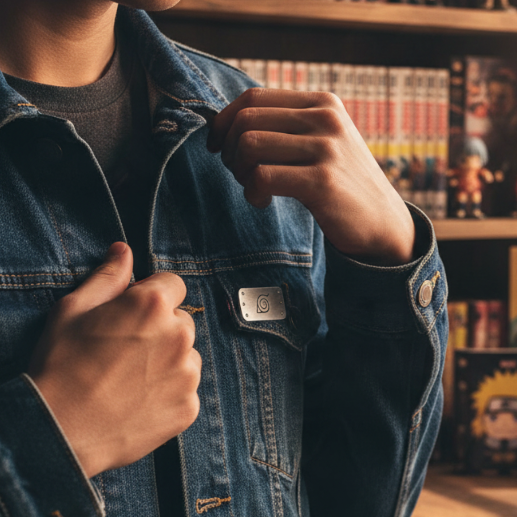 Fans Geek Store Naruto Shippuden metal Konoha symbol pin attached to a blue denim jacket