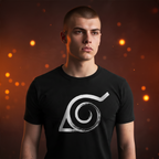 Fans Geek Store black slim fit cotton T-shirt featuring the white Konoha emblem from Naruto Shippuden on a man