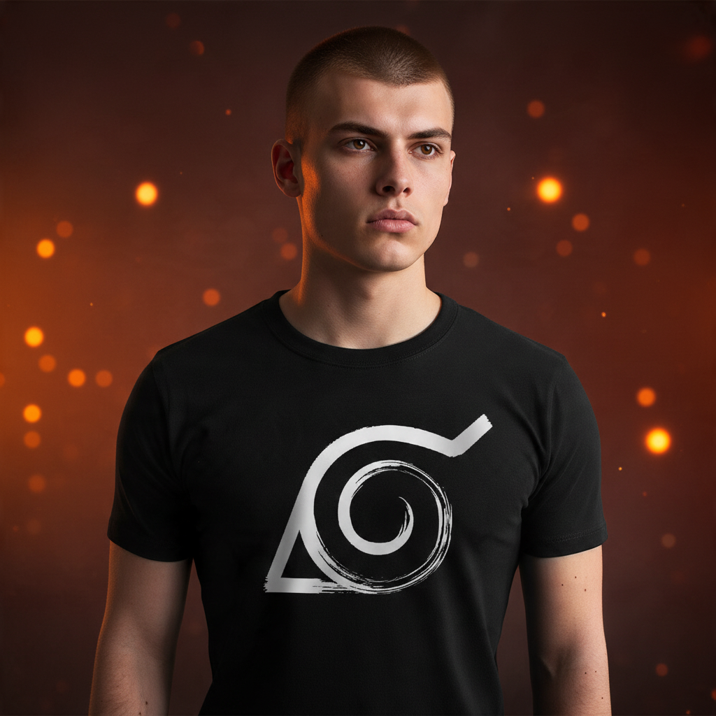 Fans Geek Store black slim fit cotton T-shirt featuring the white Konoha emblem from Naruto Shippuden on a man