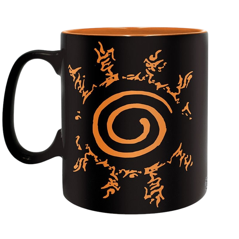 Fans Geek Store Naruto Shippuden ceramic mug featuring the orange Kyubi seal on a black background with orange interior
