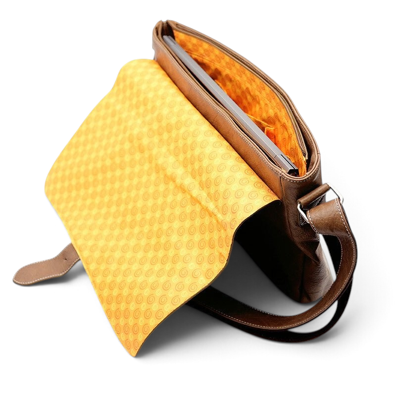 Fans Geek Store Naruto Shippuden brown messenger bag with yellow patterned interior and laptop compartment