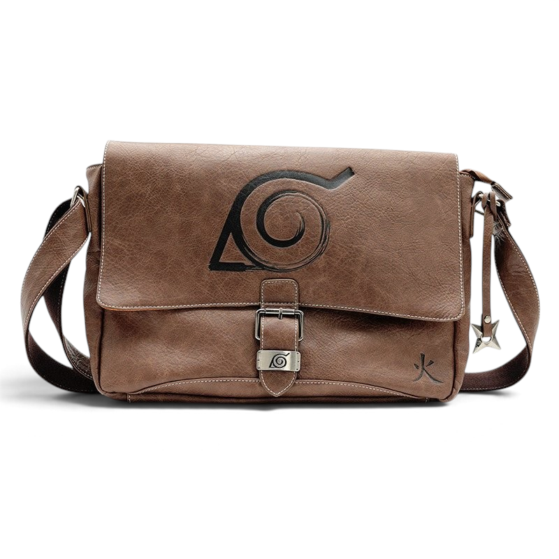 Fans Geek Store brown Naruto Shippuden Konoha Village messenger bag with embossed leaf symbol and metal buckle