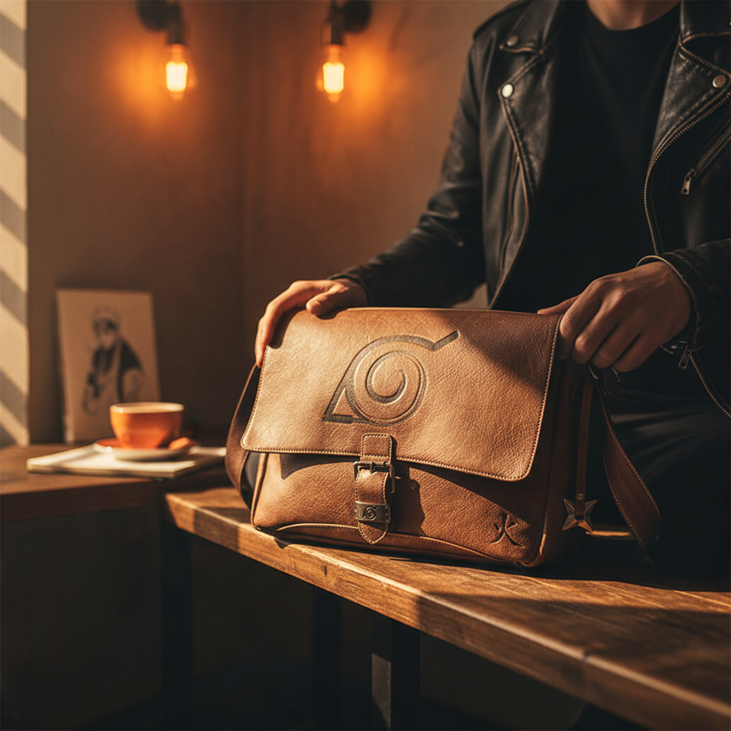 Fans Geek Store Naruto Shippuden Konoha Village brown faux leather messenger bag with embossed leaf village symbol